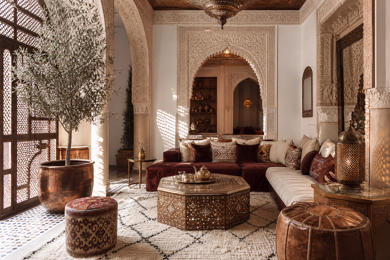 Salon de riad — banquettes en velours bordeaux, table marquetée nacre, arches en stuc sculpté