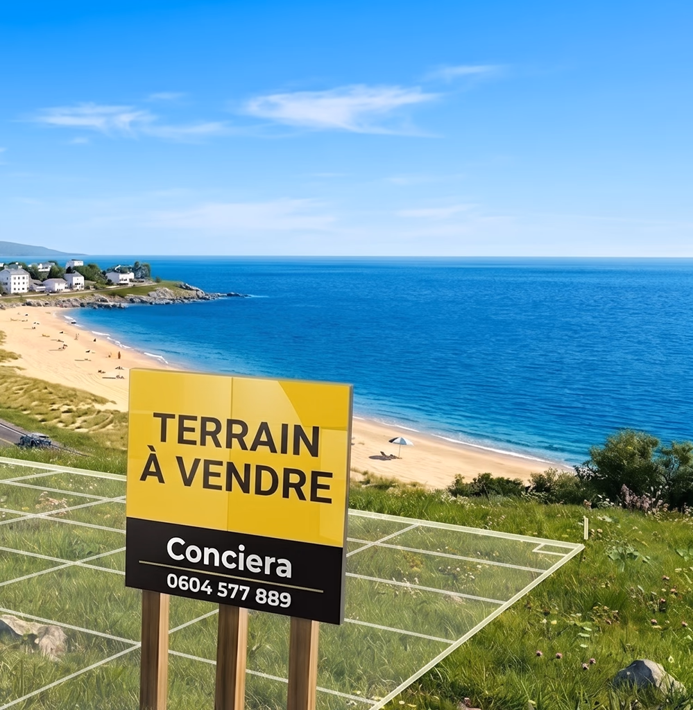 Terrain à vendre à Tanger — parcelle en bord de mer vue baie et plage avec panneau jaune 'TERRAIN À VENDRE · CONCIERA', commercialisée par l'agence immobilière Conciera à Cap Spartel, Achakar, Mediouna et Aouama